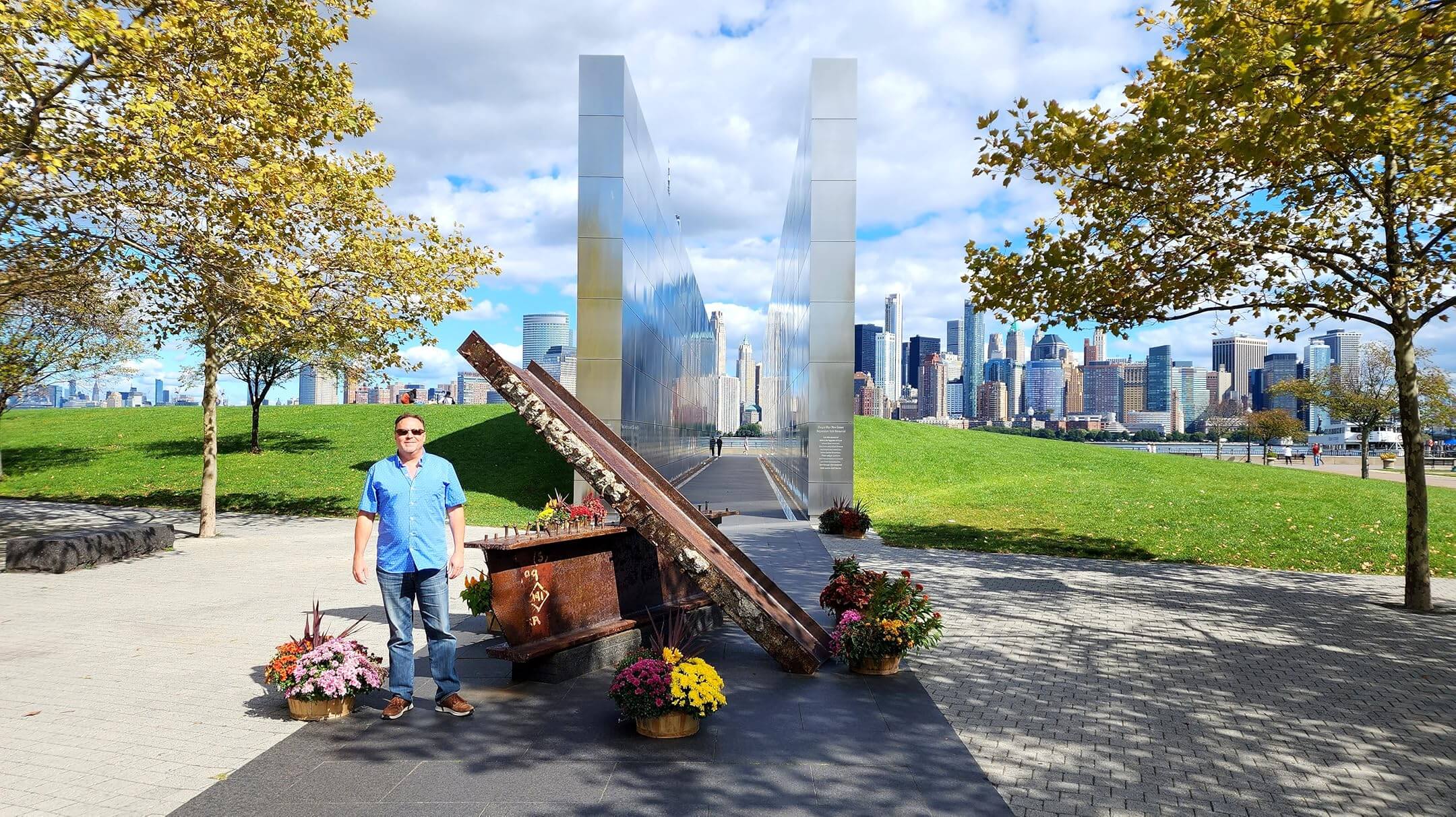 Director and Producer Michael Gier filming at the Empty Sky Memorial in Liberty State Park, Jersey City, situated at the mouth of the Hudson River across from the World Trade Center site.